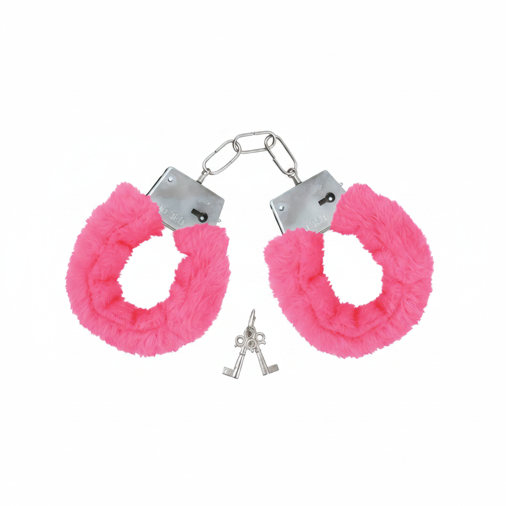 Pink fur hen party handcuffs with silver keys on white background