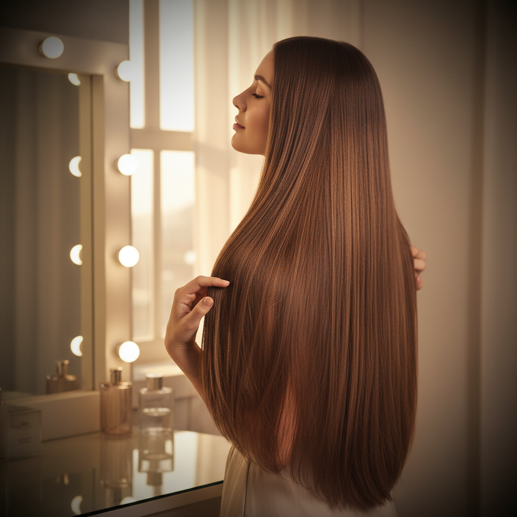 Woman with long silky straight warm mid-brown hazel hair in golden hour light showcasing clip-in hair extension results