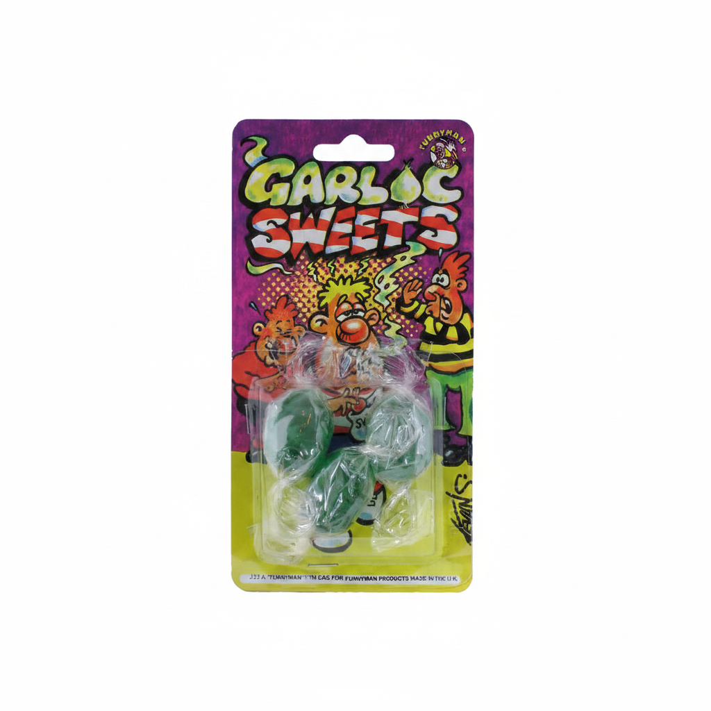 Funnyman Garlic Sweets joke prank novelty sweet on purple yellow comic-style blister card packaging