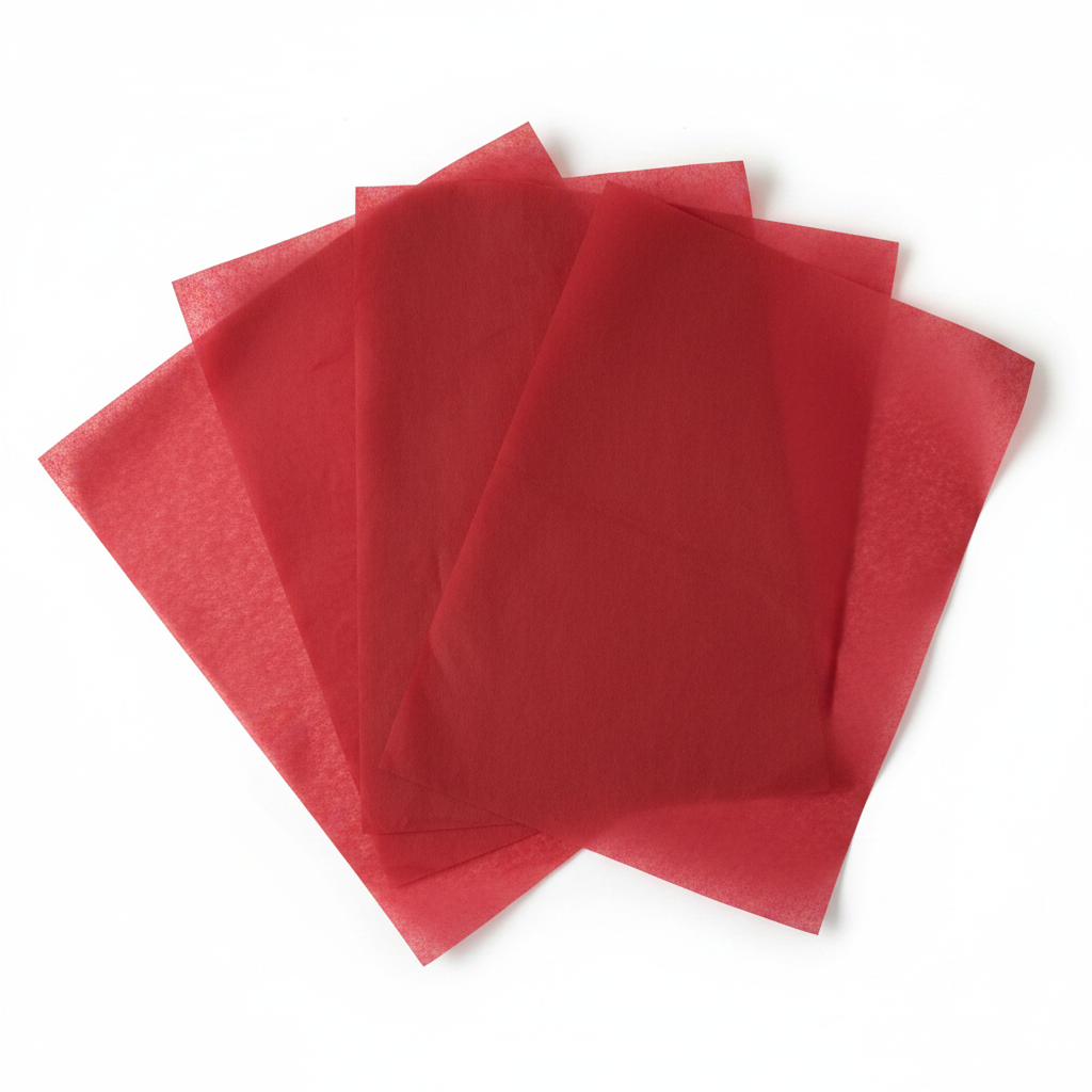 Red tissue paper sheets fanned out flat lay on white surface