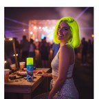 Woman with vivid glowing fluorescent yellow hair at a festival showing the result of using Party Success hair colour spray