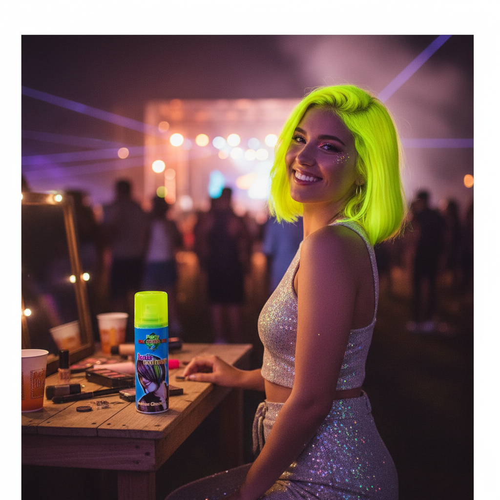 Woman with vivid glowing fluorescent yellow hair at a festival showing the result of using Party Success hair colour spray