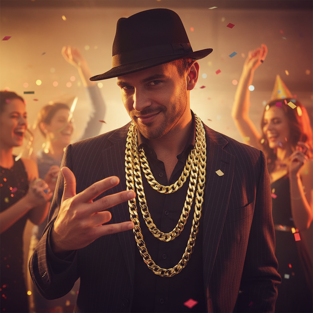 Person wearing gold chunky gangster fancy dress chains at party event showing costume styling
