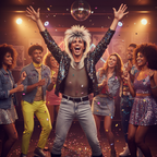 Friends at 80s fancy dress party, person wearing platinum blonde rockstar wig celebrating with arms raised