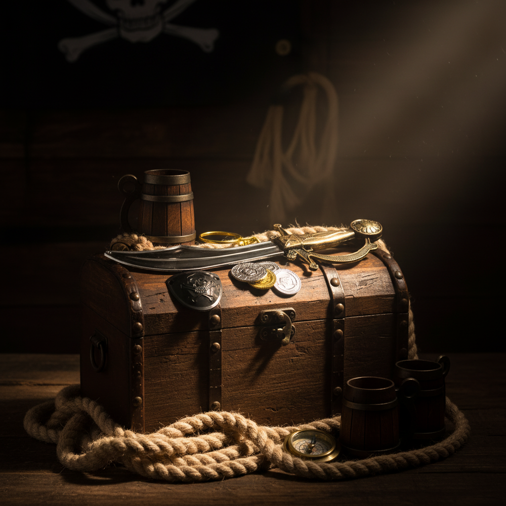 Pirate cutlass set displayed on a treasure chest with nautical props and dramatic lighting