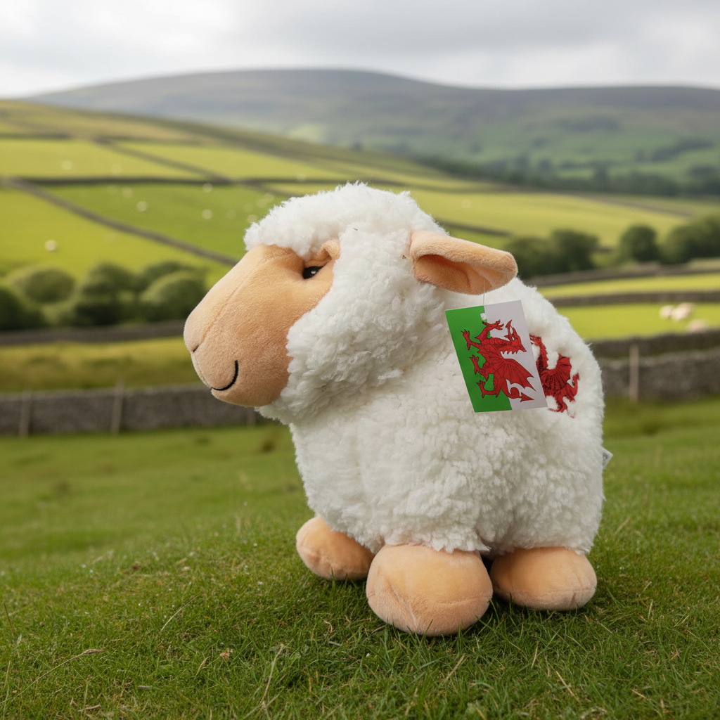 Sally the Sheep Welsh plush toy on countryside background - premium product shot