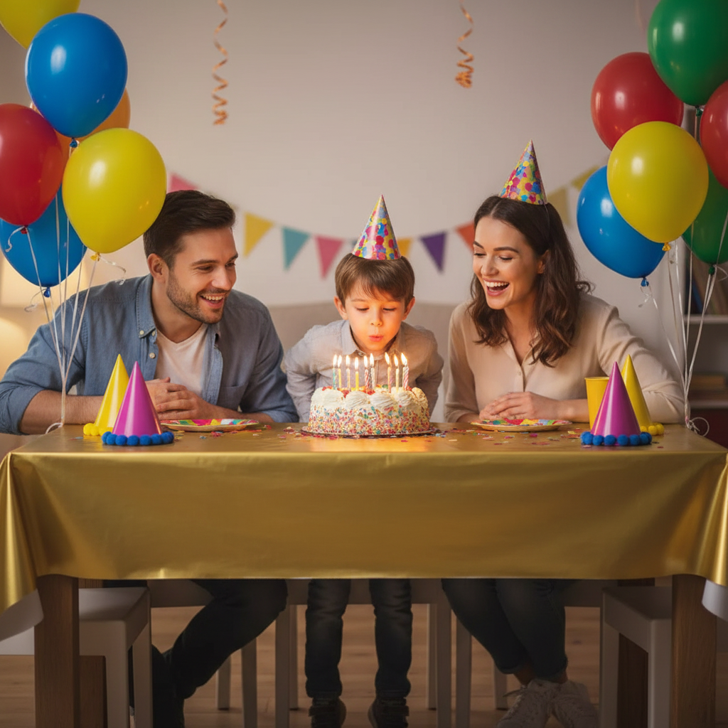 Gold metallic table cover at a colourful kids birthday party with cake and balloons