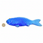 Sticky Fish Squishy Squeeze blue toy beside a £1 coin showing product size on white background