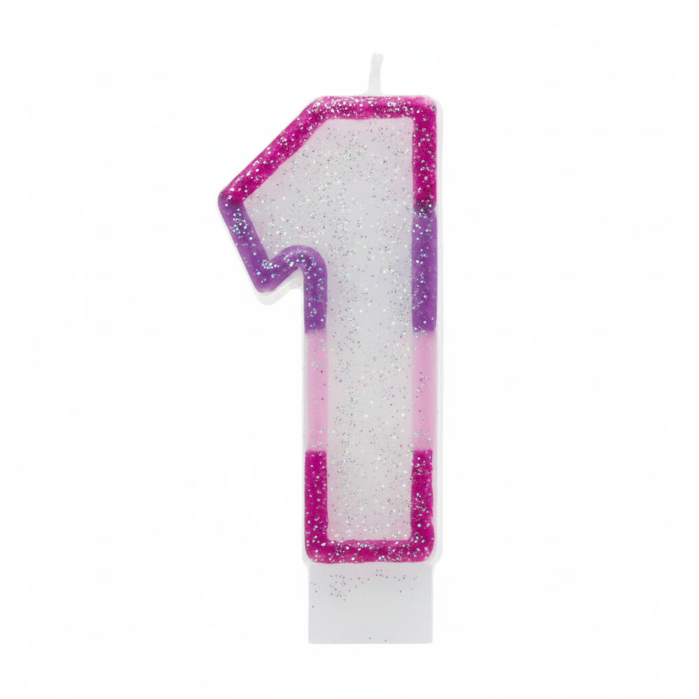 Pink glitter number 1 birthday candle on pure white background, Amazon and eBay compliant hero shot