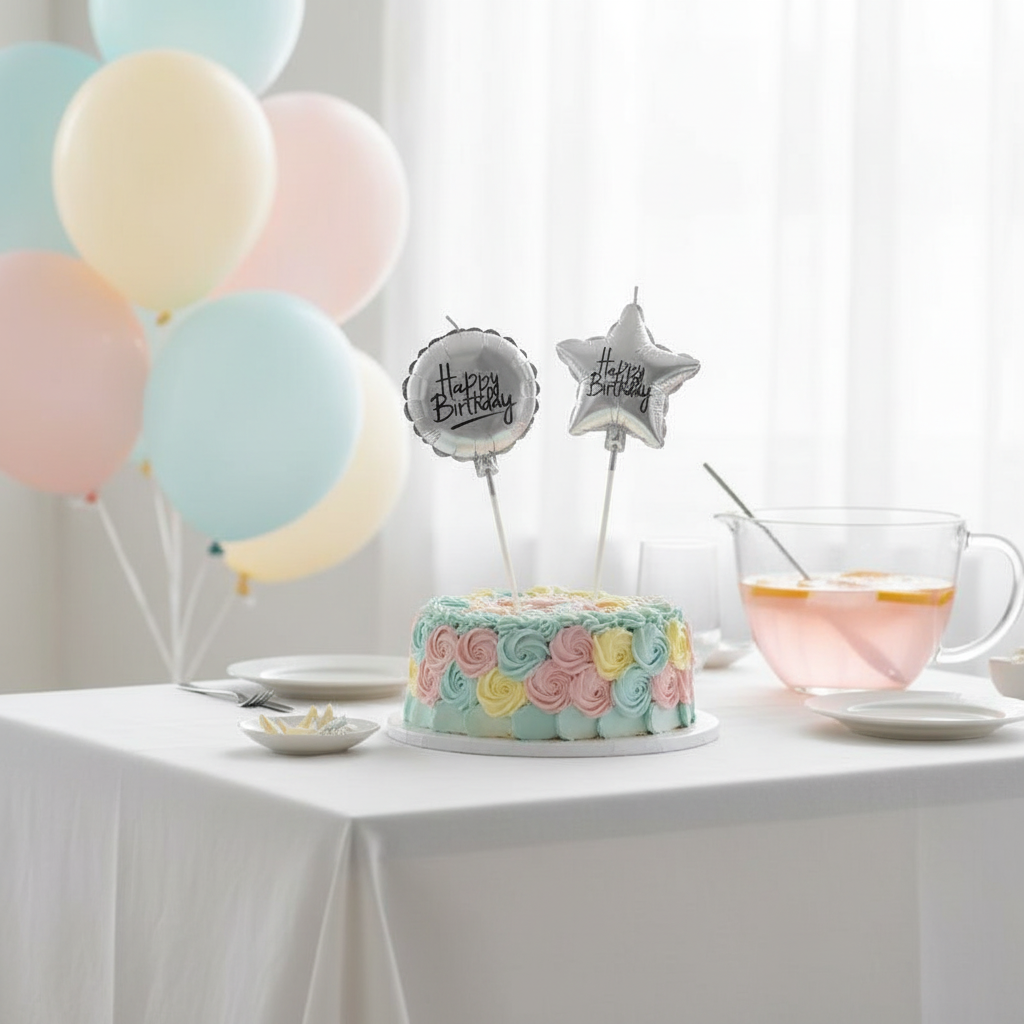Silver foil birthday candles displayed on a decorated birthday party table with natural window light