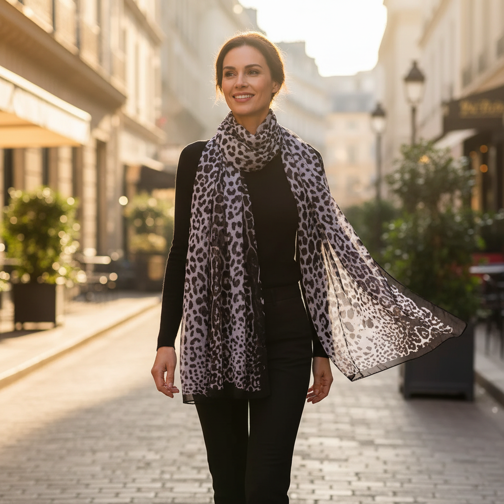 Stylish woman wearing black and grey chiffon leopard print scarf walking confidently on a sunny city street