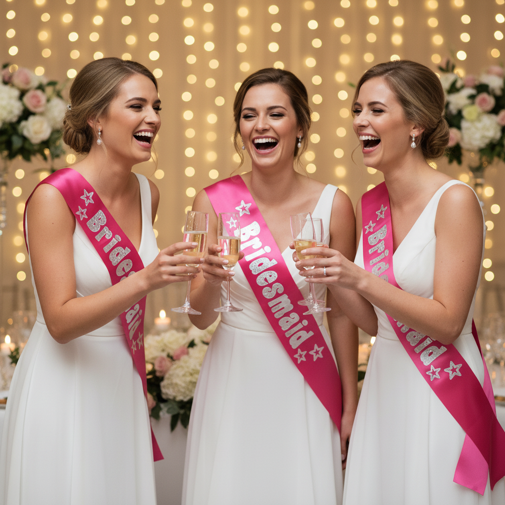 Group of bridesmaids wearing Hot Pink Silver Foil Sashes clinking champagne glasses at wedding reception