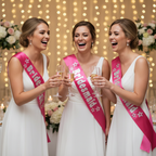 Group of bridesmaids wearing Hot Pink Silver Foil Sashes clinking champagne glasses at wedding reception