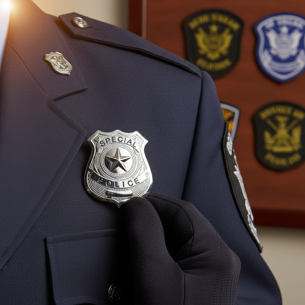 Silver police badge in use showing detail and shine - lifestyle shot for collectors and costume enthusiasts