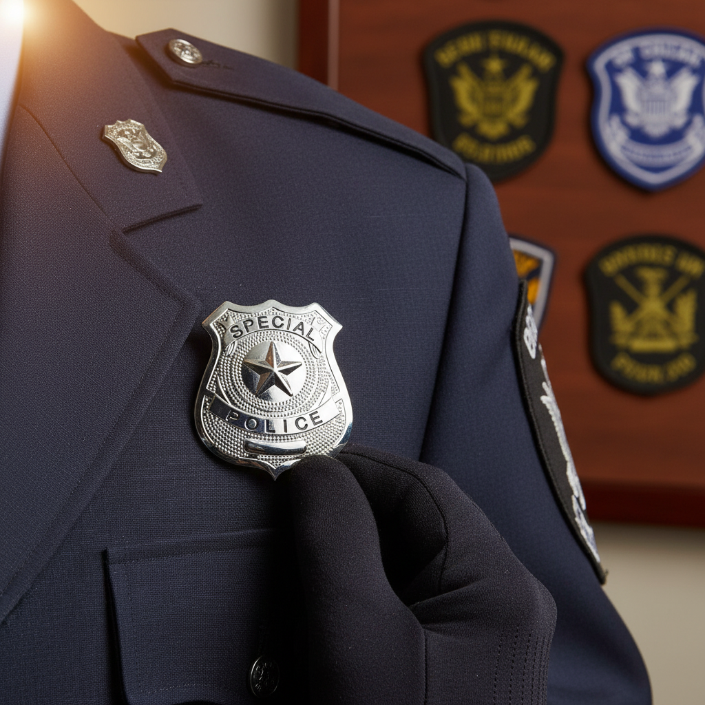 Silver police badge in use showing detail and shine - lifestyle shot for collectors and costume enthusiasts
