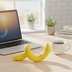 Squeeze & Stretch Stress Relief Banana toy on office desk as stress toy
