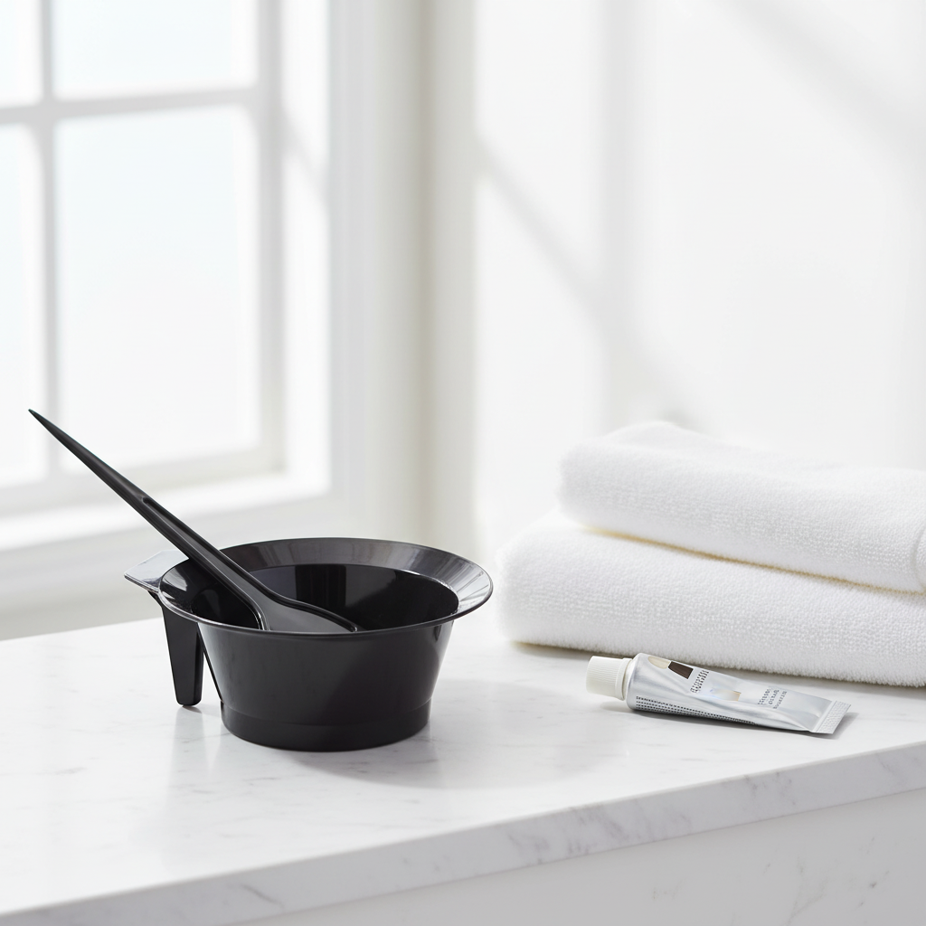 Black Hair Dye Brush And Bowl Set on White Marble Bathroom Shelf with Natural Window Light