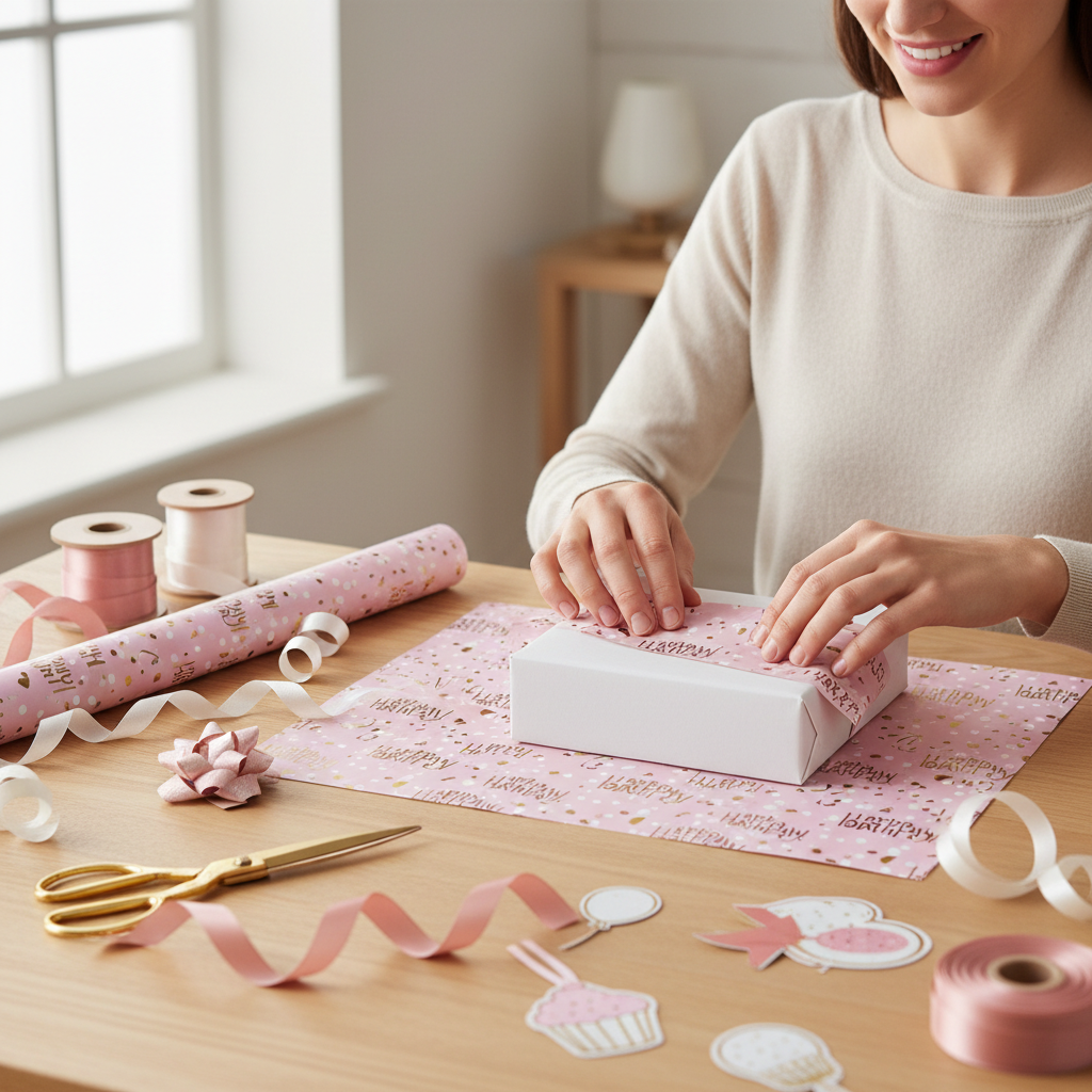 Person wrapping birthday gift with pink Happy Birthday wrapping paper at gift wrapping station