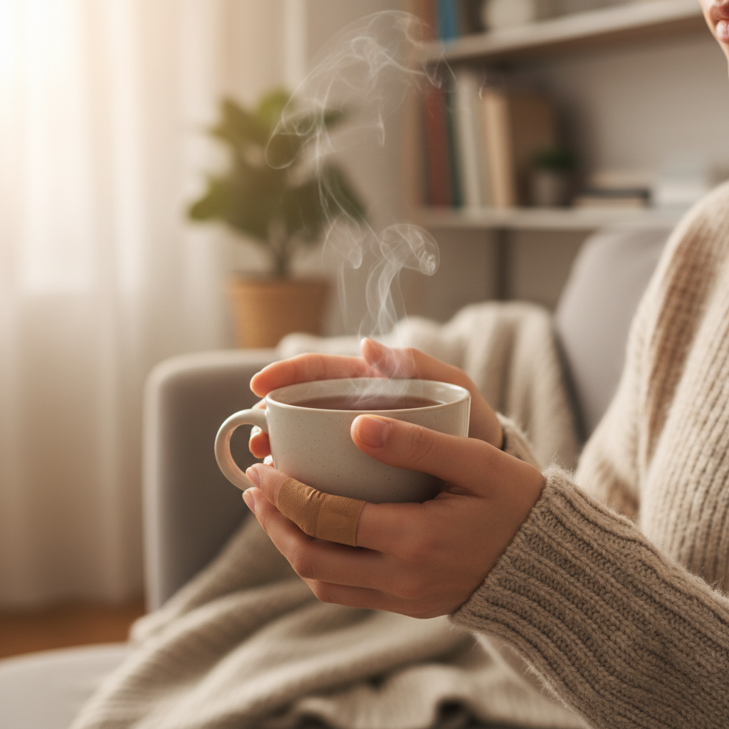 Person holding a cup of tea with a tan Questaplast plaster on their finger, back to normal daily life