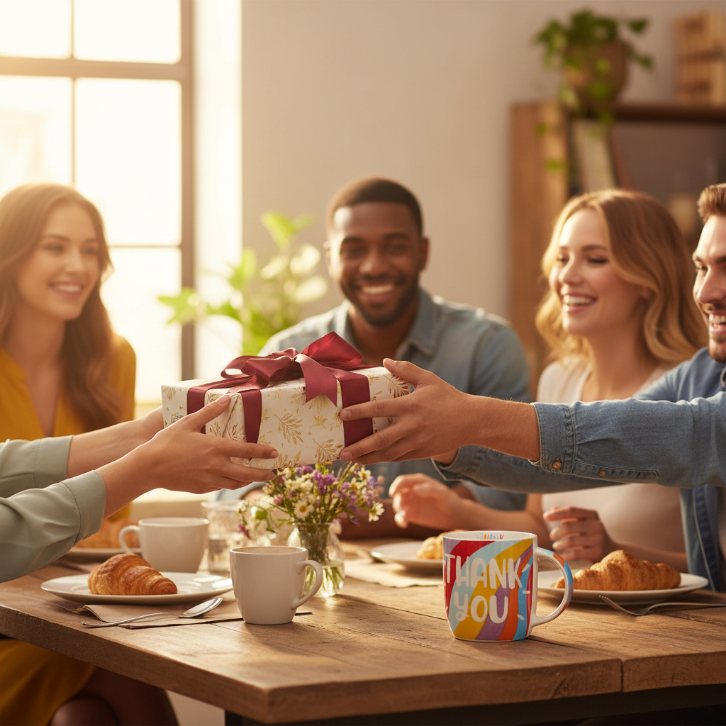 Group of friends celebrating together with a Gift Mug Thank You as a heartfelt present on the table