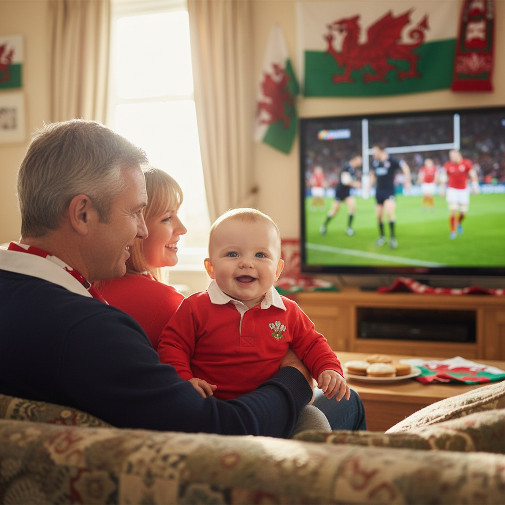 Baby in traditional Welsh rugby shirt with family during Wales match