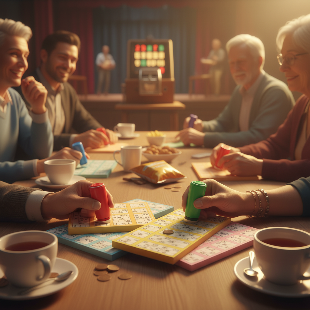 Lively community bingo night with pastel bingo ticket pads on table, players dabbing numbers, warm golden light