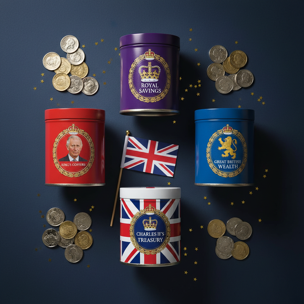 Flat lay of four King Charles III money saving tins on dark navy surface with British pound coins Union Jack flag and gold stars