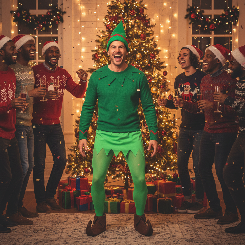 Man in complete green elf costume with bright green tights at a Christmas party — showing the festive end result