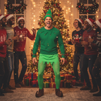 Man in complete green elf costume with bright green tights at a Christmas party — showing the festive end result