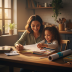 Parent and child covering a school textbook with Tiger clear self-adhesive book cover film at a kitchen table in warm golden hour light