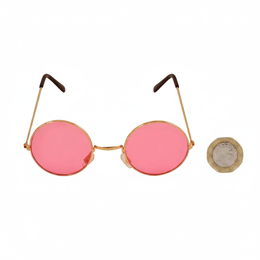 Flat lay of round pink hippy glasses with gold frame beside a British £1 coin for scale on white background – product size reference