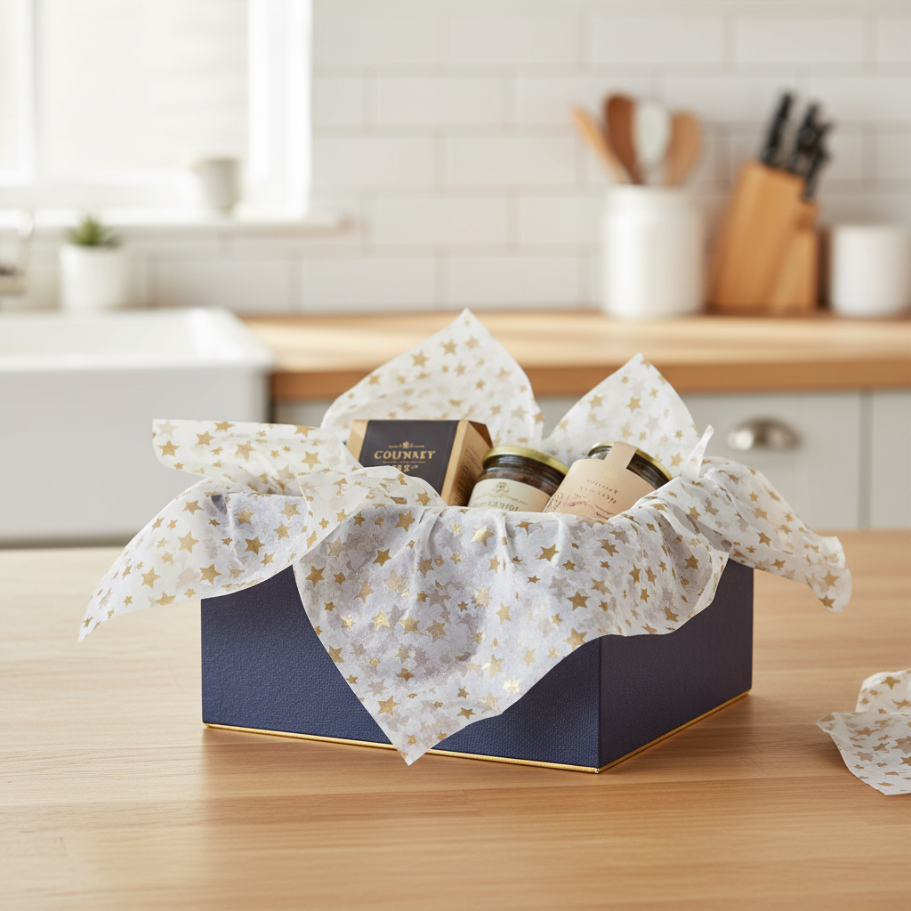 Luxury gift hamper lined and overflowing with white gold star tissue paper, warm natural light, premium gifting presentation
