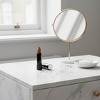 Laval Caramel Kiss Lipstick 17 matte black tube on marble vanity dressing table with mirror