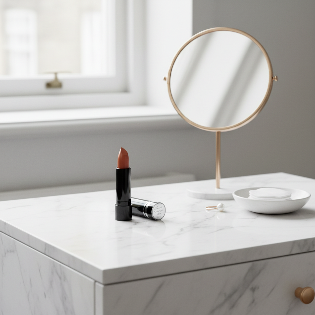 Laval Caramel Kiss Lipstick 17 matte black tube on marble vanity dressing table with mirror