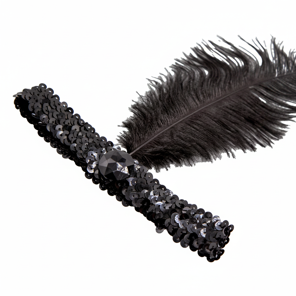 Black sequin flapper headband with tall ostrich feather on crisp white background - studio product shot