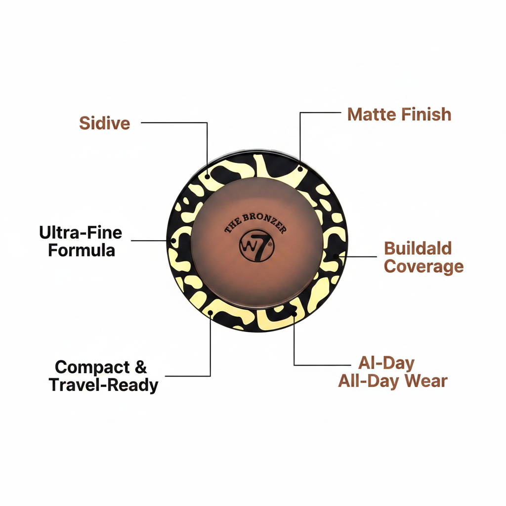 W7 The Bronzer Matte Bronzing Powder Compact premium feature infographic with callout labels: Matte Finish, Ultra-Fine Formula, Buildable Coverage, Compact Design, All-Day Wear