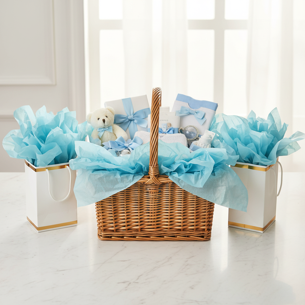 Premium gift hamper and gift bags overflowing with light blue tissue paper on white marble surface, celebration-ready styling
