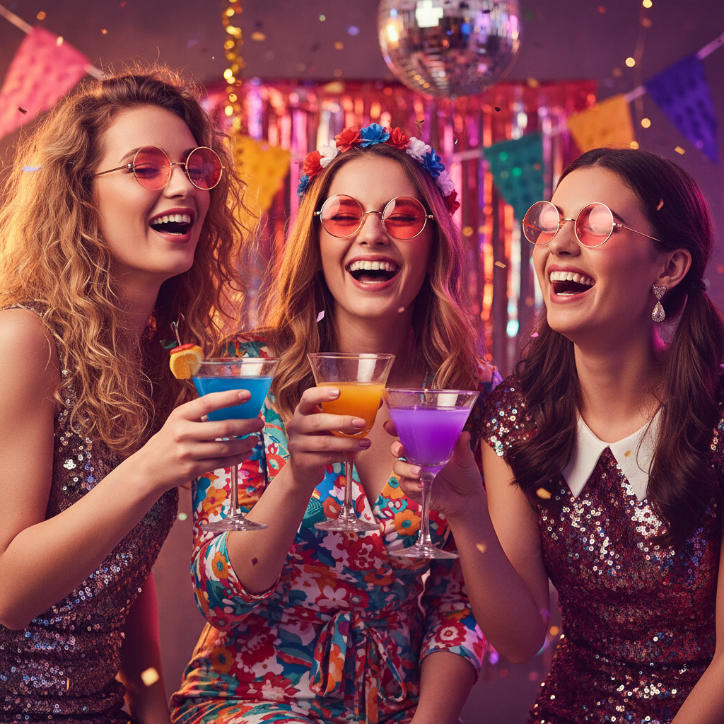 Group of friends wearing hippy glasses with pink lenses at a fancy dress party, laughing and celebrating together