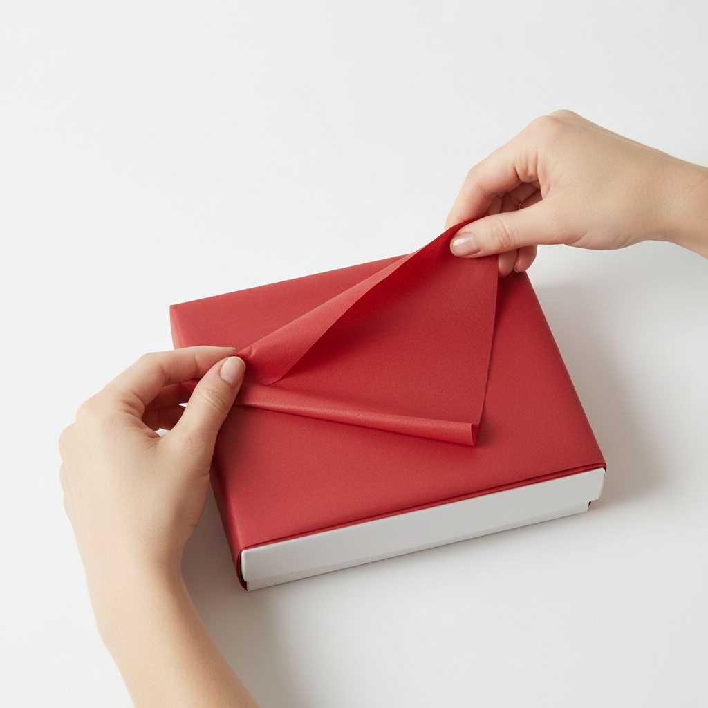 Hands wrapping a gift box with red tissue paper