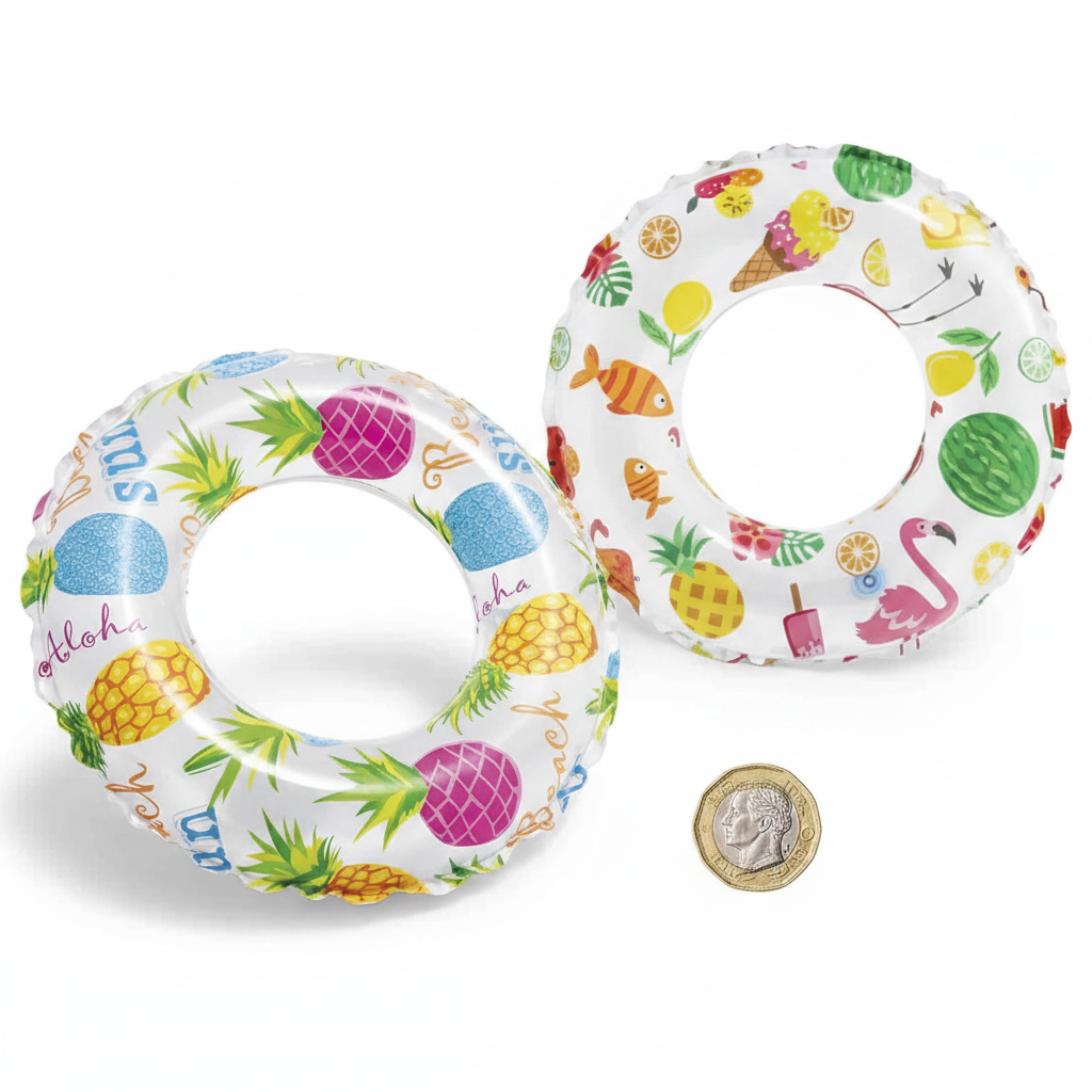 Flat lay of two Intex inflatable swim rings beside a £1 coin showing scale — pineapple and tropical fish designs