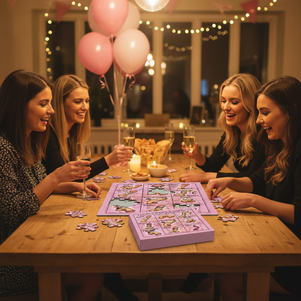 Group of women laughing and playing hen party jigsaw puzzle game at a celebration with prosecco and balloons