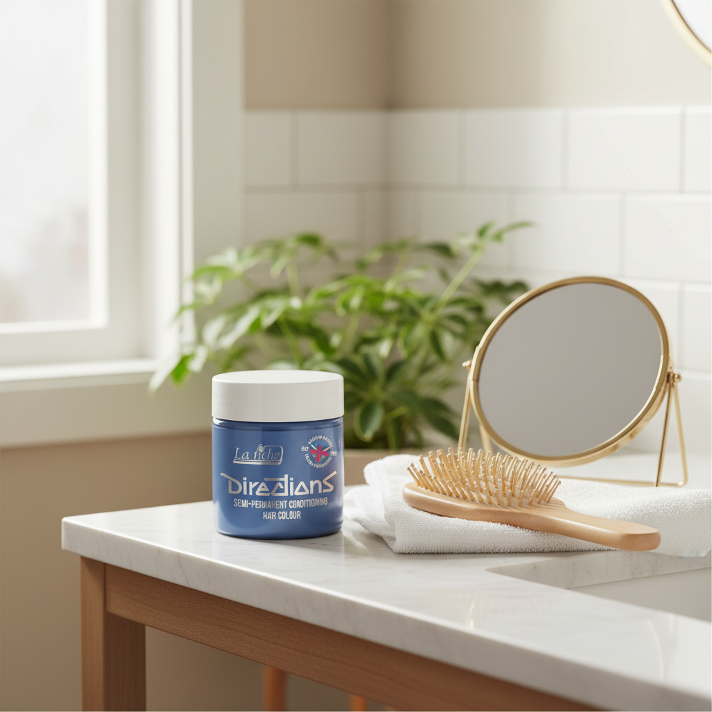 La Riche Directions Silver Hair Dye 88ml on bathroom vanity with hairbrush and mirror, natural window light