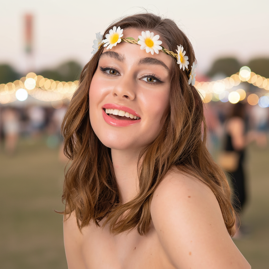 Smiling young woman wearing daisy hairband with white petals and yellow centres at a summer festival