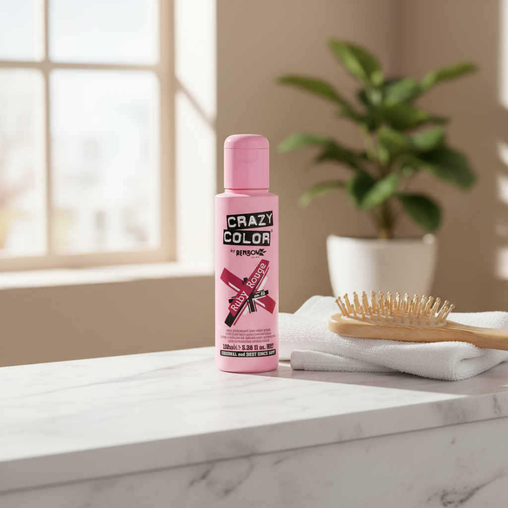 Crazy Color Ruby Rouge 100ml hair dye styled on white marble bathroom shelf with towel and hairbrush in natural window light