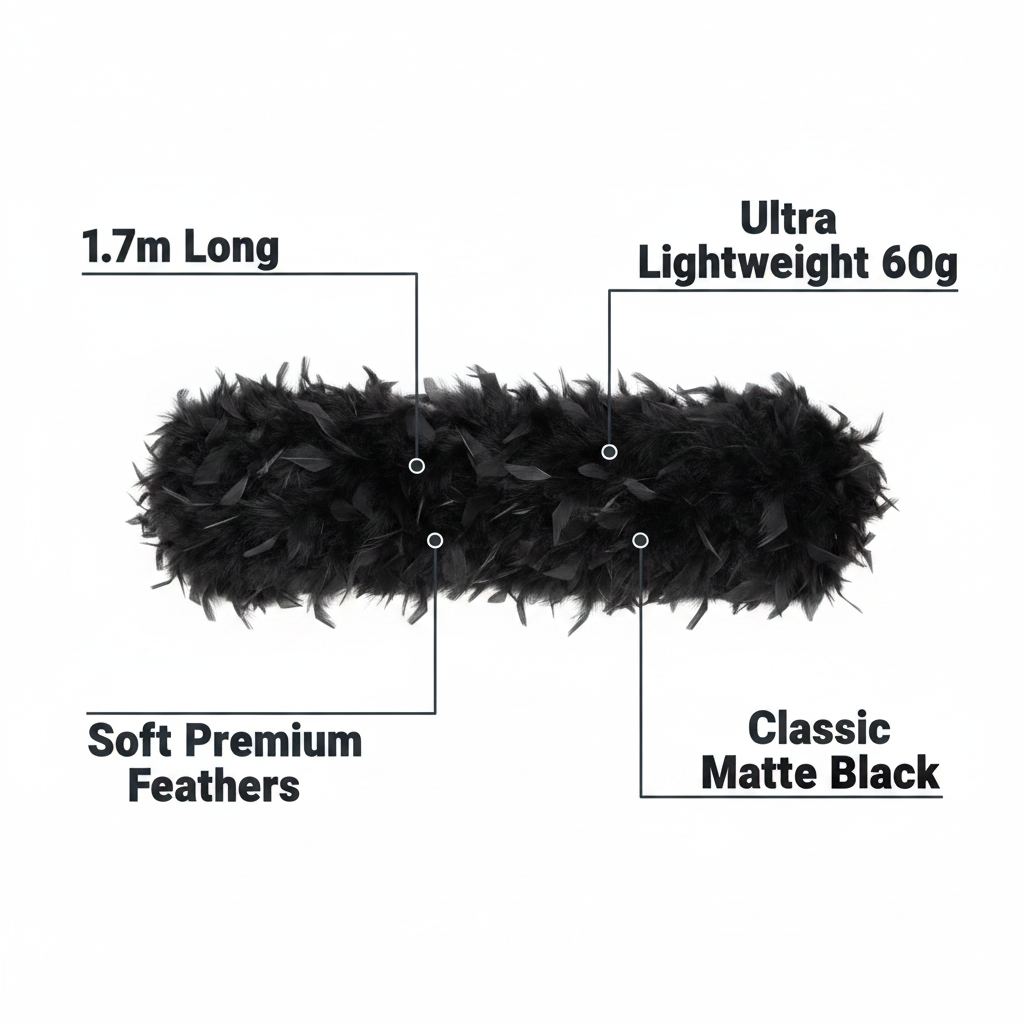 Black feather boa infographic showing key features: 1.7m long, 60g lightweight, soft premium feathers, classic matte black