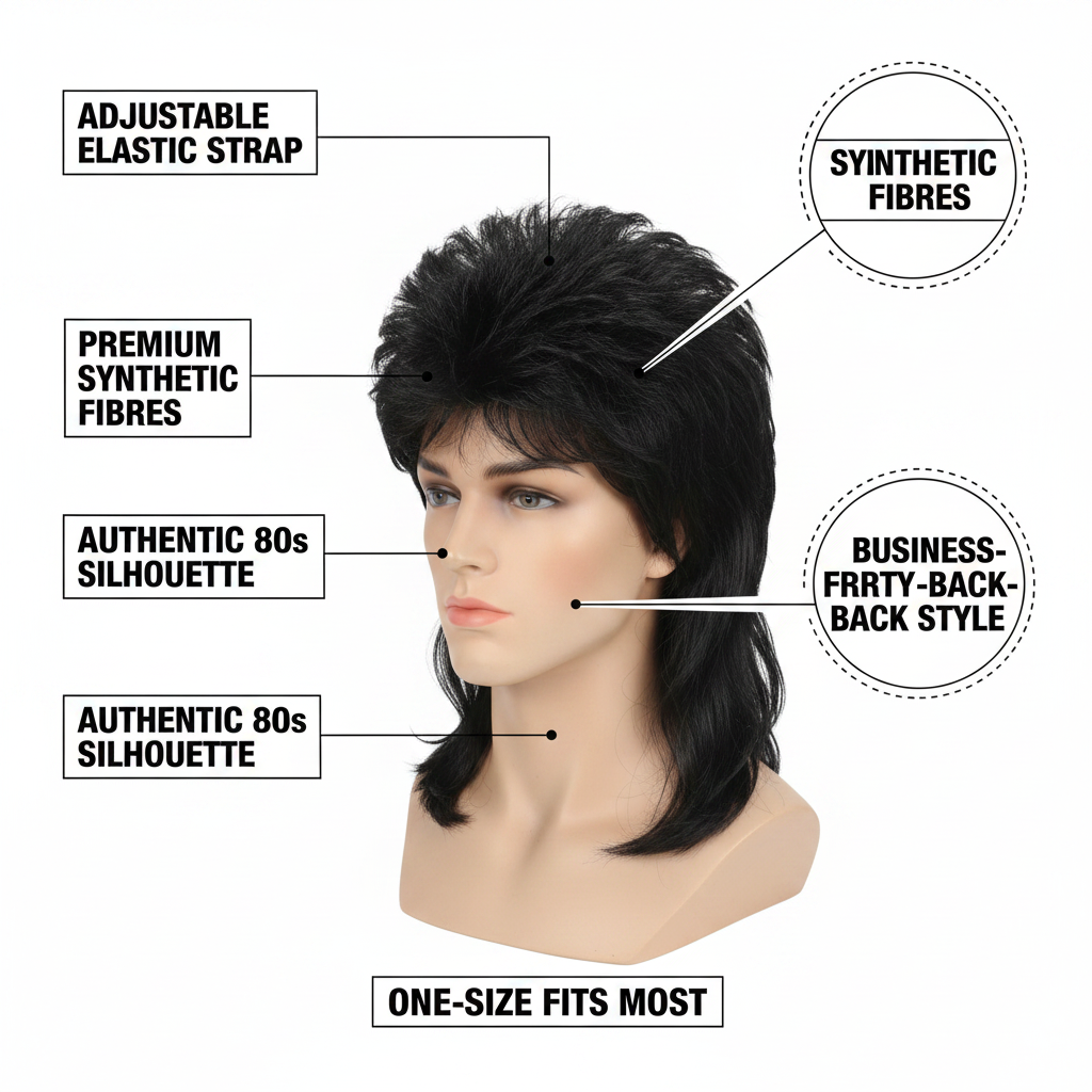 Men's 1980s black mullet wig feature infographic with callout labels highlighting adjustable strap, synthetic fibres, authentic 80s silhouette and one-size fit