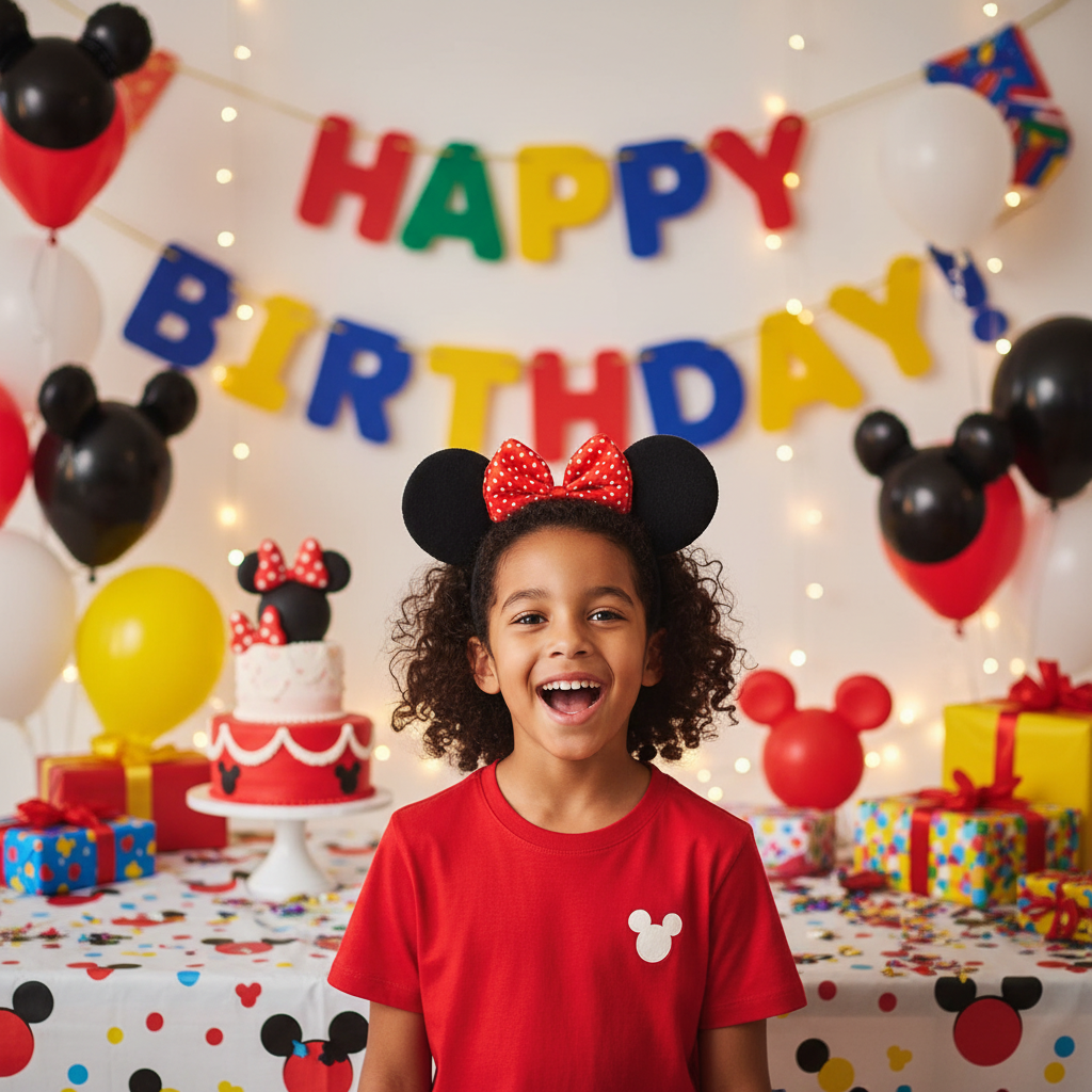 Child wearing mouse ears headband with red bow at Disney birthday party