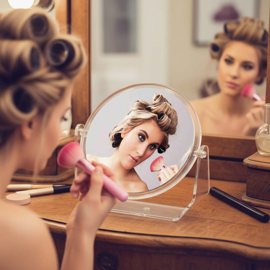 Woman Using Clear Double Sided Mirror With Stand to Apply Makeup at Vanity