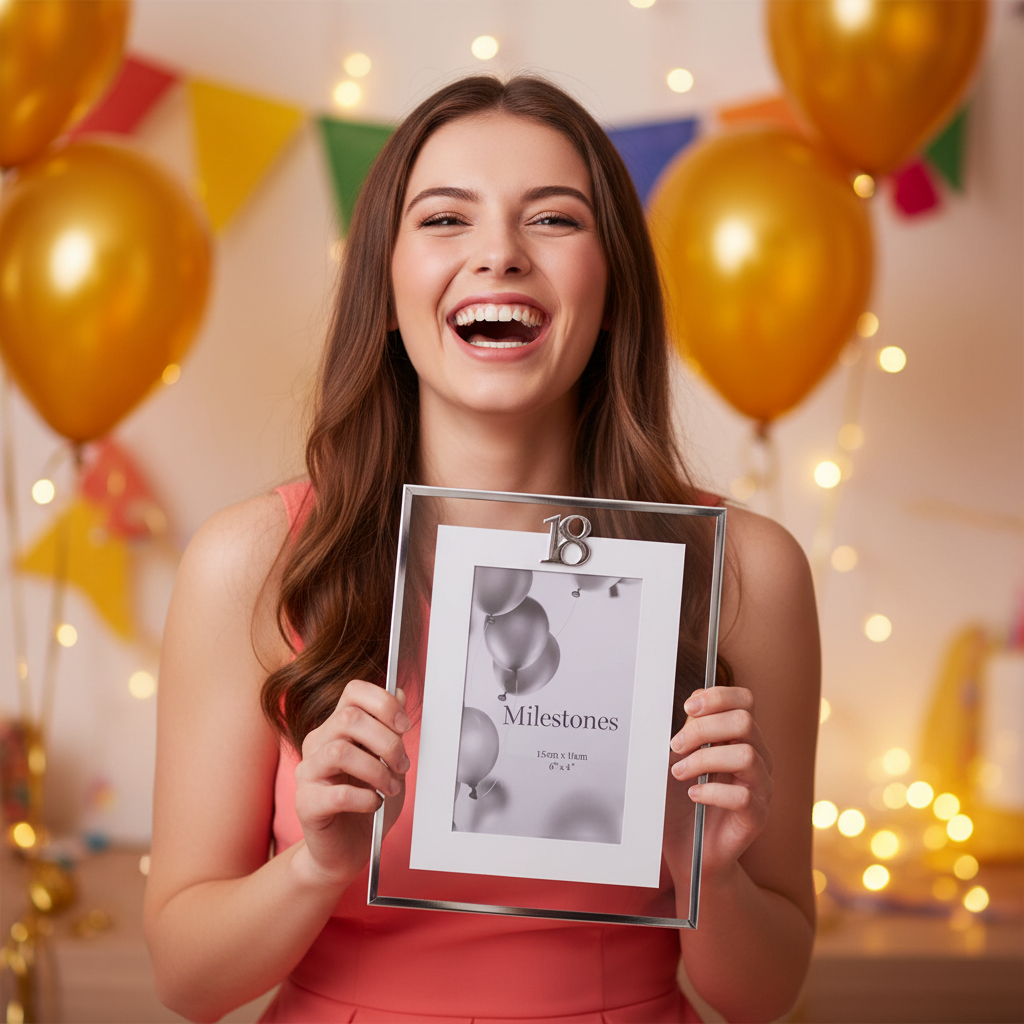 Young woman laughing and holding a silver Age 18 milestone gift photo frame at her birthday party