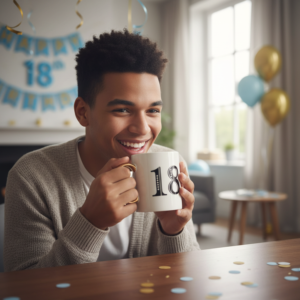 Young person celebrating 18th birthday holding Art Deco gift mug at party